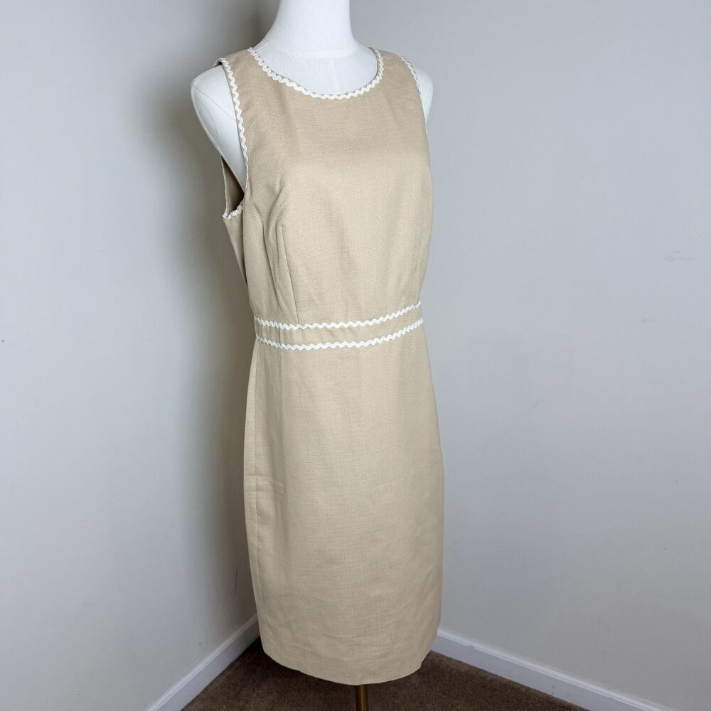 J.Crew Dress Womens 10 Beige Ric Rac Trim Sheath Sleeveless Cotton NWT Preppy